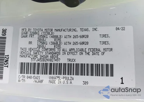 2022 Toyota Tundra Limited z USA, uszkodzony, nr VIN 5TFJA5DB2NX027497